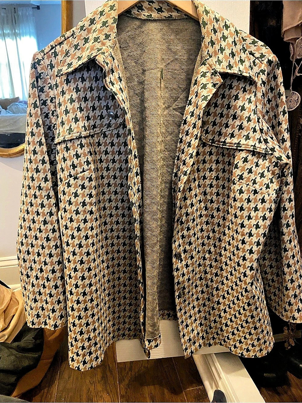 Vintage 70s Houndstooth Utility Jacket in Green & Brown Like New